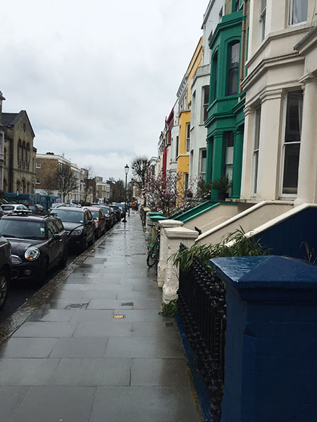 I prefer staying in the area around Westbourne Park/ladbroke Grove. This is teh view when I step out the front door. It's London pretty - even on a rainy april day...